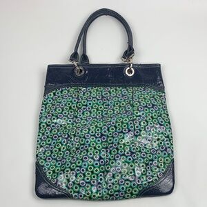 Vera Bradley Daisy Floral Patterned Tote Bag Navy Blue Green Pockets lined